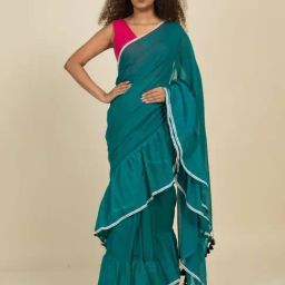Suta Blue Pure Cotton Ruffle Saree Without Blouse-image-11