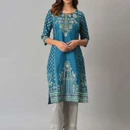 Aurelia Women Blue Festive Floral Print Rayon Kurta-image-28