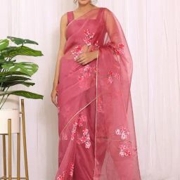 Label Kanupriya Onion Pink Handpainted Organza Saree-picture-42