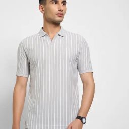 Peregrine By Pantaloons Grey Slim Fit Striped Polo T-Shirt-41