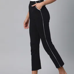NOT YET by us Women Black Solid Cropped Cotton Lounge Pants with Side Stripes-image-84