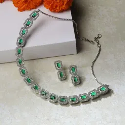 Zeneme Rhodium Plated AD Studded Necklace and Earrings Set-image-92