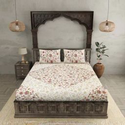 JaipurFabric Cream & Pink Pure Cotton 180 TC Double Bedsheet with 2 Pillow Covers-image-88