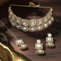 Zaveri Pearls Austrian Diamonds Stones Choker Necklace Earring Maangtikka Set for Women-48