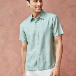 Fabindia Teal Straight Fit Texture Shirt-image-14