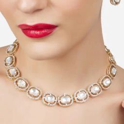 Zaveri Pearls Gold Tone Austrian Diamonds & Artificial Stones Choker Necklace Earring Set for Women-4
