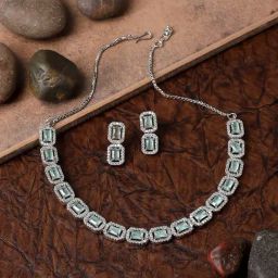 Zeneme Rhodium Plated AD Studded Necklace and Earrings Set-image-92