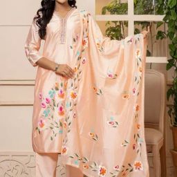 Indo Era Peach Floral Print Kurta Pant Set With Dupatta-image-2