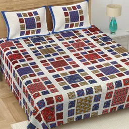 JAIPUR FABRIC Blue & Red Geometric 180 TC Cotton King Bedsheet Set 2.28 m x 2.74 m-image-78