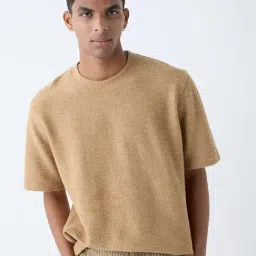 ETA by Westside Brown Self-Textured Relaxed-Fit Cotton-Blend T-Shirt-picture-29