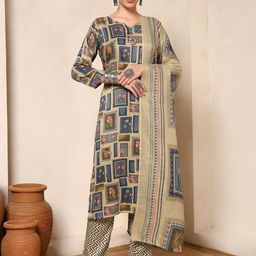 Nehamta Floral Printed Notch Neck Straight Kurta With Trousers & Dupatta-image-26