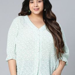 Oxolloxo Plus Size Green Floral Print Crepe Shirt Style Top-23