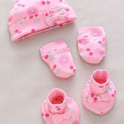 Babyoye Female Cotton Cap, Mitten & Booties Set With Flower & Cherry Print - Pink-picture-0