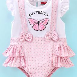 Babyhug 100% Cotton Half Sleeves Onesie with Bow Applique and Butterfly Print - Pink-image-29