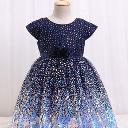Babyhug Half Sleeves Party Frock With Sequined Detailing - Navy Blue-image-48