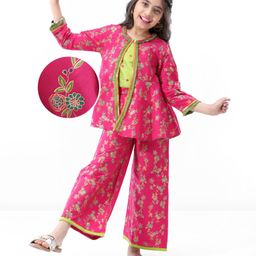 Earthy Touch Full Sleeves Cotton Woven Mirror Work Embroidered And Gold Khadi Print Top And Palazzo With Full Sleeves Jacket - Pink-image-42