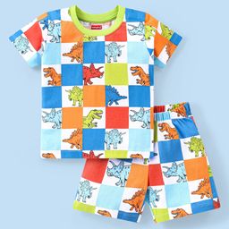 Babyhug Cotton Knit Half Sleeves Checked Night Suit Dino Print - Blue-image-32