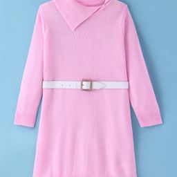 Pine Kids Full Sleeves Fine Knit Solid Woollen Dress with Belt - Light Pink-image-9