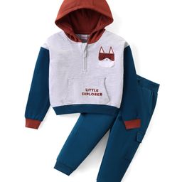 Babyhug Terry Knit Full Sleeves Hooded Front Zipper T-Shirt With Kangaroo Pockets & Kitten Applique & Lounge Pants Set - Grey & Blue-image-81