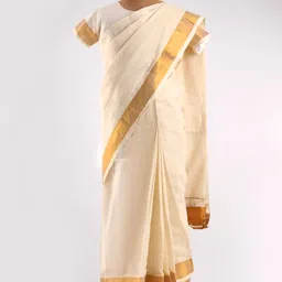 Bhartiya Paridhan Cotton Saree with Half Sleeves Blouse & Golden Border - Cream-picture-8