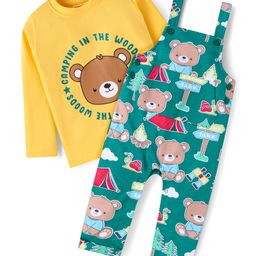 Babyhug Single Jersey Knit Full Sleeves Bear Printed T-Shirt & Dungaree Set - Yellow & Green-13