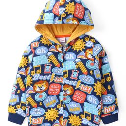 Babyhug Cotton Knit Full Sleeves Front Open Hooded Sweatjacket With Lion Print - Blue-image-4
