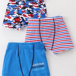 Bodycare Cotton Knit Trunks With Stripes & Text Print Pack of 3 -Blue & White-image-79