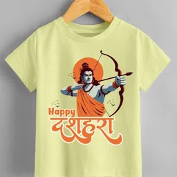KNITROOT Dussehra Theme Half Sleeves Happy Dussehra Text Printed Tshirt - Yellow-picture-46