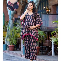 Aujjessa Cotton Batwing Sleeves Floral Printed & Lace Embellished Maternity Feeding Night Suit with Concealed Zipper Nursing Access  Black Fuchsia-image-22