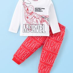 Babyhug Marvel Cotton Knit Full Sleeves Night Suit With Spider Man Graphics - Red & White-image-67