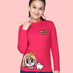 NUSYL Cotton Blend Full Sleeves Hello Cutie Text Printed Tee - Hot Pink-image-98