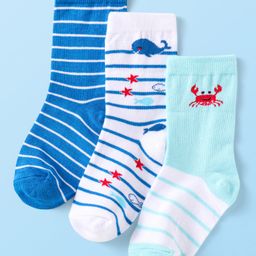 Cute Walk By Babyhug Cotton Knit Anti-Bacterial Ankle Length Socks With Stripe & Ocean Design Pack of 3 - Blue & White-image-94