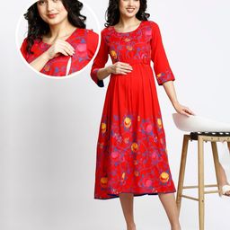 Dummy Shape Three Fourth Sleeves Floral Printed Flared Maternity Kurta With Concealed Zipper Nursing Access - Red-image-67