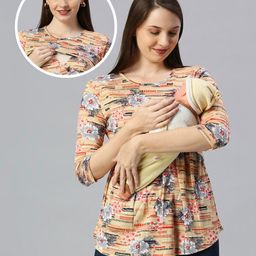 True Shape Three Fourth Sleeves Floral Printed Maternity Top With Two Layer Lift Nursing Access - Mustard-image-51