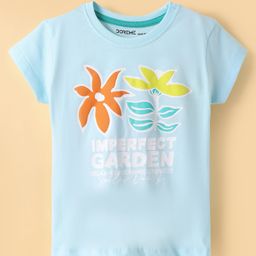 Doreme Sinker Knit Half Sleeves T-Shirt With Floral Print - Light Blue-image-59
