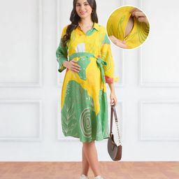Bella Mama Viscose Woven Three Fourth Sleeves Front Open Maternity Shirt Dress With Tropical Theme Print - Yellow-image-23