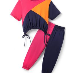 CrayonFlakes Cotton Half Sleeves Cut & Sew Top & Coordinating Joggers Set - Pink-image-29