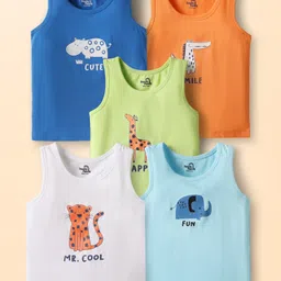 Doodle Poodle 100% Cotton Sleeveless Vest with Animal Print Pack Of 5 - Navy Blue & Light Blue-picture-13