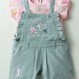 ToffyHouse Knitted Woven Half Sleeves Tee & Dungaree Set with Sea Life Theme Print - Green & Pink-image-61