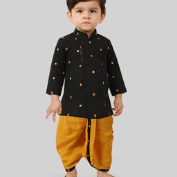 little desi Pure Cotton Full Sleeves Mirror Work Detailed Kurta Dhoti Set - Black-image-3