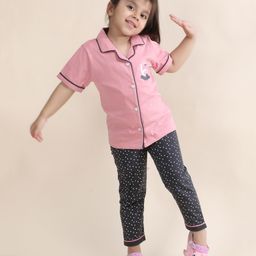 Polka Tots Cotton Woven Half Sleeves Polka Dots & Swan Printed Night Suit Set - Peach-image-71