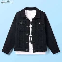 Arias Cotton Stretch Full Sleeve Front Button Denim Jacket With Text Print T-Shirt - Black-image-65