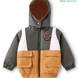 Babyoye Woven Full Sleeves Hooded Padded Jacket With Bear Patch & Pockets - Grey & Yellow-image-73