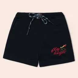 Nino Togs Cotton Looper Knit Fly High Text Embroidered Shorts - Black-picture-35