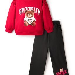 Pine Kids Looper Knit Full Sleeves Winter Wear Sweatshirt & Lounge Pant Set With Teddy Bear Print - Maroon & Black-picture-44