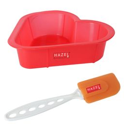 HAZEL Small Silicon Red Heart Shape Cake Mould for Half Kg with Orange Spatula image 2