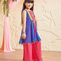 MASTARANG Sleeveless Mirror Work & Sequins Embellished Top With Coordinating Palazzo & Bandhani Designed Jacket Set - Royal Blue image 4