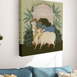 Myntra Elegant Homes Green & Blue Pichwai Cow Canvas Birds and Animals Wall Art-picture-32