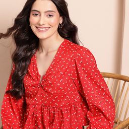 Mast & Harbour Floral Print Metallic Detail Puff Sleeve Peplum Top-image-27