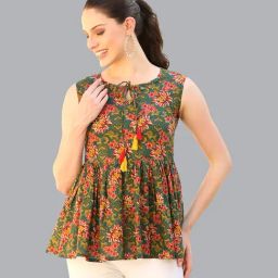 DECKEDUP Green Cotton Floral Print Top-image-35